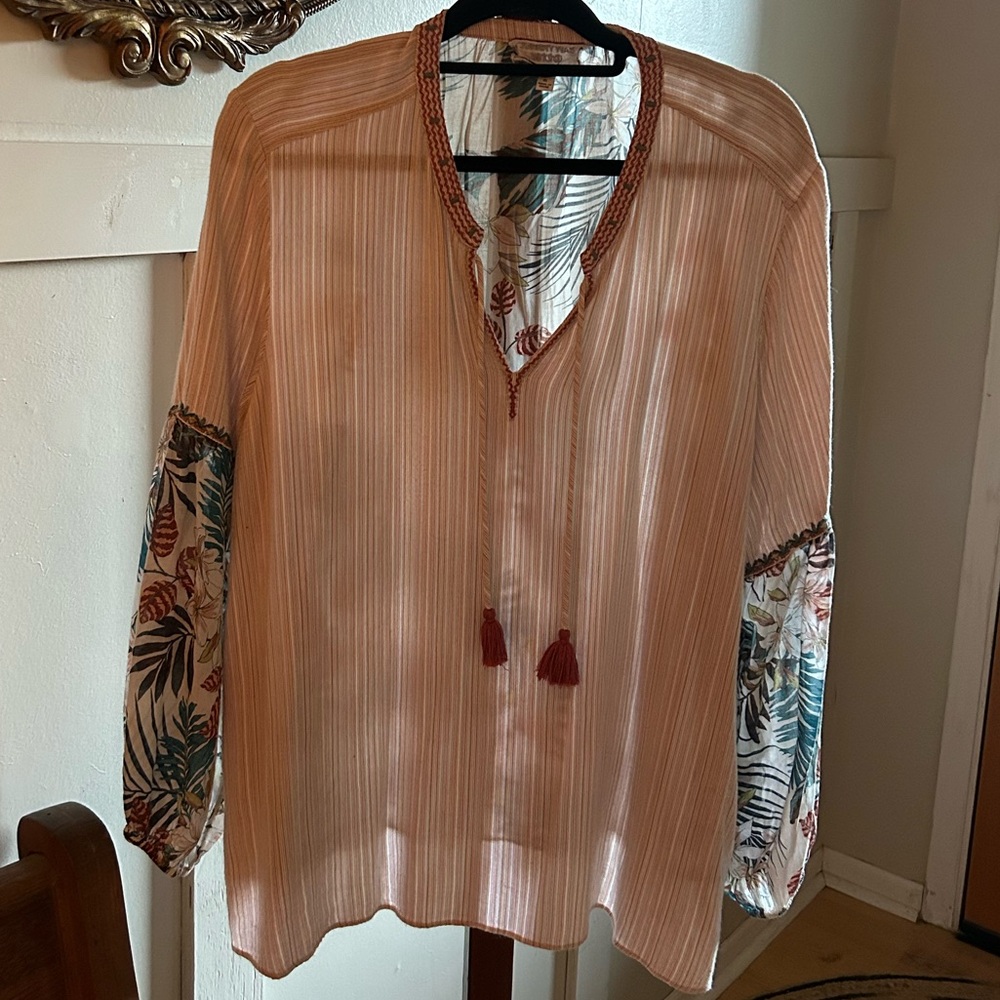 Johnny Was XL oversized Top Blouse Shirt Summer Linen Cotton Tropical